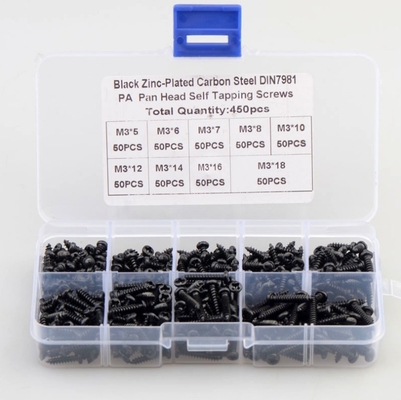 ALLOY Natürliche Farbe 450 Stück M3 Kohlenstoffstahl Schwarz PA Kreuz Pan Kopf Rundkopf Schraubkombinationsset