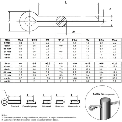 Edelstahl Split Pins A2 A4 304 316 Galvanisierte Cotter Spring Pins DIN94-konform für schwere Anwendungen