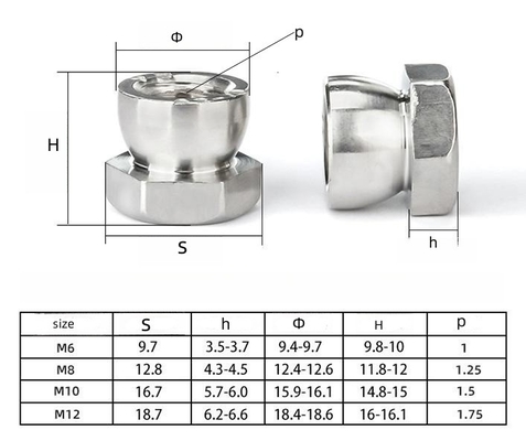 Chrombeschichtung M6 M8 M10 Sicherheitsmuttern aus Edelstahl 8 mm-50 mm Längen für Boltschutz und metrisches Messsystem